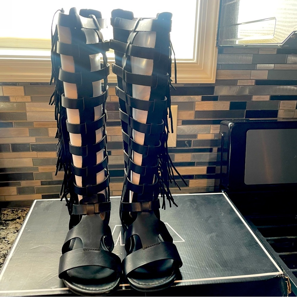 Black Long Gladiator sandals with shingles